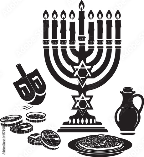 Hanukkah celebration with menorah and traditional jewish silhouette, Generative Ai