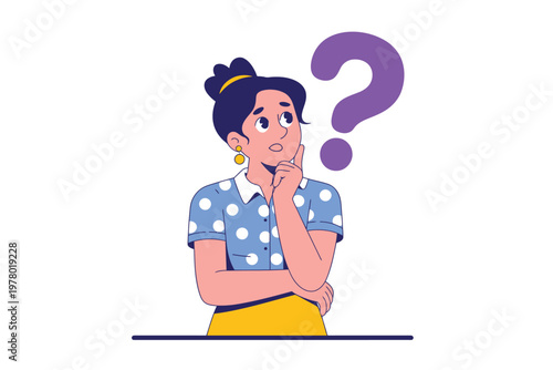 A cartoon woman with a puzzled expression and a question mark above her head