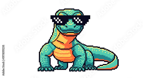 Cool Komodo Dragon Mascot with Pixel Sunglasses Retro Pixel Art