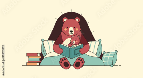 Cute cartoon bear reading a book to a cub in bed under a blanket featuring soft pastel colors and a cozy vector illustration style