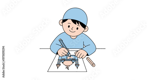 Young boy drawing Ramadan lantern illustration with pencil at desk; cartoon design blue and black hues cultural and religious festive art