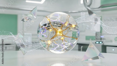 Struttura cellulare 3D luminosa fluttuante in un laboratorio moderno.