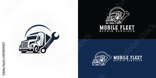 A bold truck and wrench icon in a clean, black design symbolises reliable mobile fleet repair and roadside services, as well as a fast response, strength, and dependable truck maintenance.