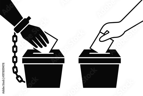 A hand with a chain and a free hand casting votes in separate ballot boxes