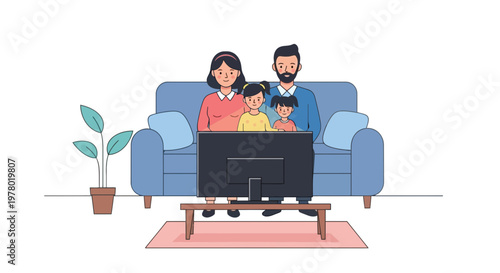 Cheerful family of four watching TV together on the sofa in the living room in cartoon illustration style; parents and kids bonding at home