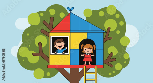 Colorful cartoon illustration of children in a whimsical treehouse with green foliage against a bright blue sky backdrop
