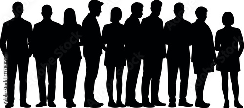 Diverse group of people standing silhouettes minimal black vector illustration for community teamwork corporate staff and social inclusion concept use