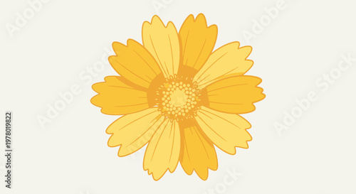 Cheerful yellow coreopsis flower illustration with scalloped petals; detailed botanical artwork; optimistic floral design element on a light beige backdrop