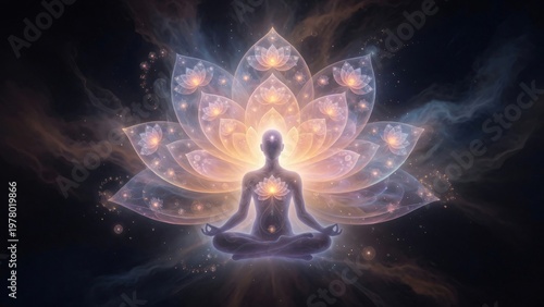 Meditazione profonda con loto luminoso e aura cosmica spirituale.