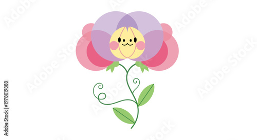 Cute sweet pea flower cartoon character with a smiling face pastel colors and green stem on a clean white background