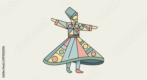 Geometric whirling dervish vector illustration in pastel colors dancing with open arms against a light beige background; modern geometric style