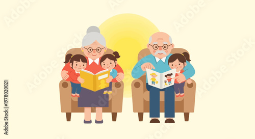 Grandparents reading books to granddaughters in cozy armchairs illustration; cute cartoon family time with kids; cheerful grandparenting storytime moment