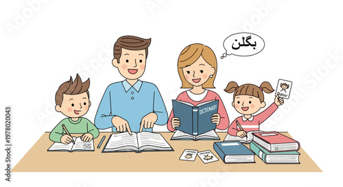 Happy family learning together at table with dictionary and flashcards in cartoon style illustration promoting education and togetherness