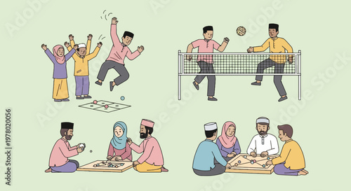 Group of Muslim people playing traditional games together including congkak and sepak takraw; vector illustration in cartoon style