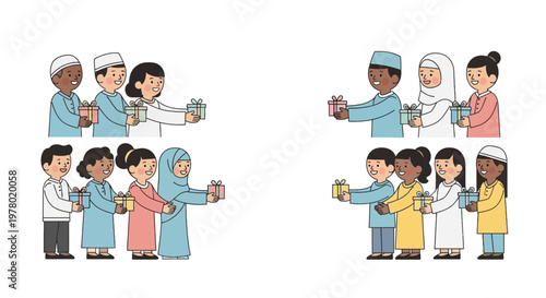 Group of smiling multiracial kids exchanging gifts in cartoon style illustration celebrating cultural diversity and friendship on white background