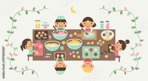 Happy kids baking together at a table decorated with vines and moon creating cookies with dough adding sprinkles in a cartoon style illustration