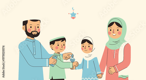 Happy Muslim family celebrating Eid al-Fitr with traditional hand kissing forgiveness and blessings in warm illustration style