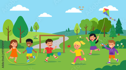 Children playing sports and games outdoors together.