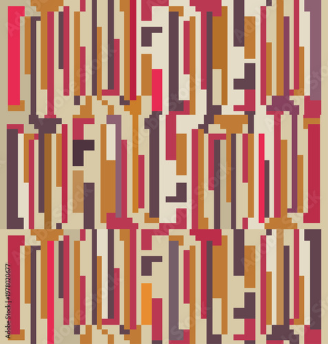 Abstract geometric pattern with vertical bars in red, orange, and purple. Modern seamless design for textiles and decor.