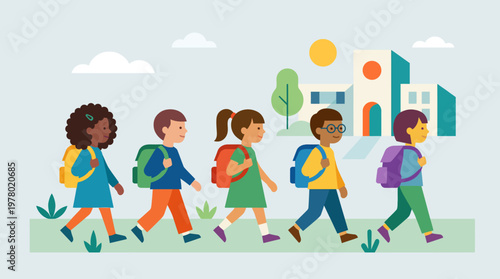 Diverse group of children walking to school with backpacks.