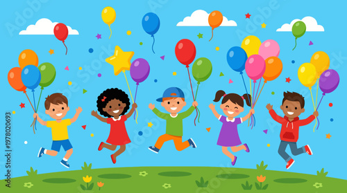 Diverse group of happy children jumping with balloons.