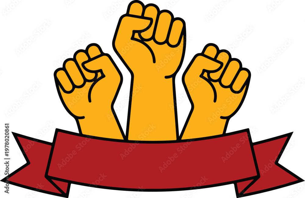 Obraz premium Stylized illustration of three raised yellow fists with red ribbon banner symbolizing unity strength solidarity empowerment and collective action