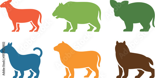 Farm animal silhouettes in colorful style minimal vector illustration including goat pig cow dog and livestock for agriculture design use