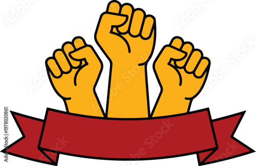 Stylized illustration of three raised yellow fists with red ribbon banner symbolizing unity strength solidarity empowerment and collective action