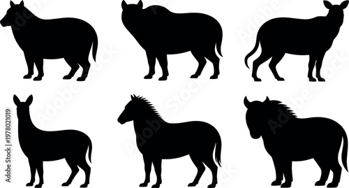 Farm animal silhouettes set minimal black vector illustration including cow horse donkey and llama for agriculture livestock design use
