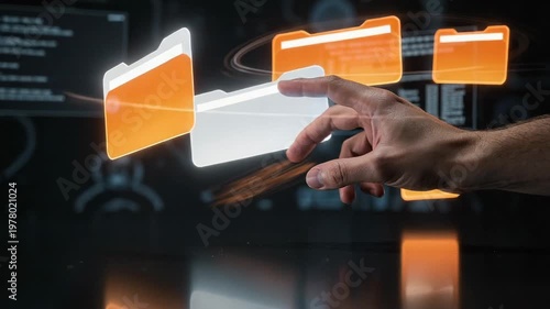 Hand interacting with glowing digital folder icons symbolizing file management and data organization technology