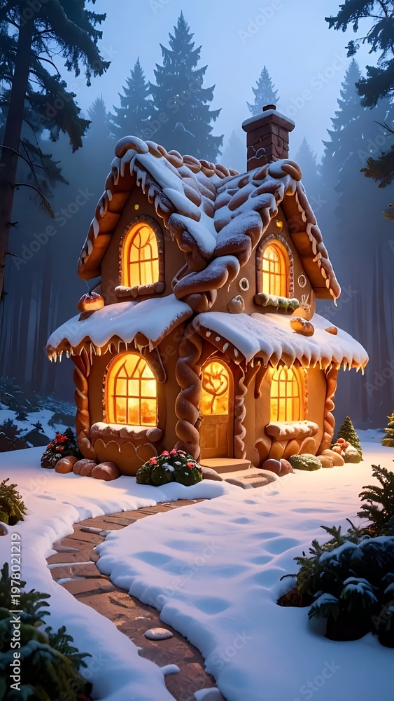 Fototapeta premium Enchanting Gingerbread House in Snowy Winter Forest with Warm Glowing Windows.