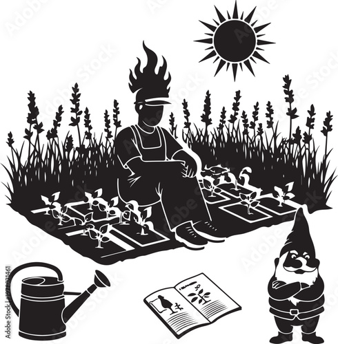 Silhouette of a person in a garden with gnome, Generative Ai