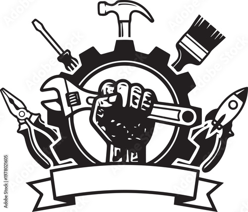 Black and white emblem with hand gripping wrench surrounded by hammer screwdriver paintbrush pliers cutters and gear symbolizing labour industry