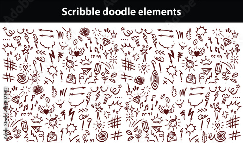 Scribble doodle elements for poster, social media. Handwritten love, mad, irritation, anger doodles. Rough emotional hand drawn ball pen sketch grunge illustrations. Chaotic freehand pencil drawings