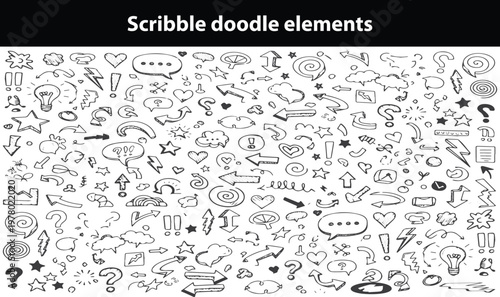 Scribble doodle elements for poster, social media. Handwritten love, mad, irritation, anger doodles. Rough emotional hand drawn ball pen sketch grunge illustrations. Chaotic freehand pencil drawings
