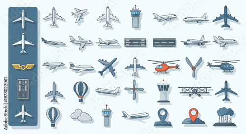 Collection of Aviation Icons and Symbols Representing Airplanes and Helicopters.