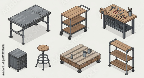 Industrial furniture collection isometric view with workshop elements.