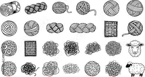 Hand-drawn set of yarn, wool, and sheep icons in black and white, featuring balls, spools, braids, tangled messes, woven textures, and adorable sheep.