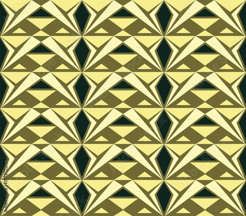 Modern geometric pattern in gold, olive, and black. Bold Art Deco-inspired seamless design for textiles and wallpaper.