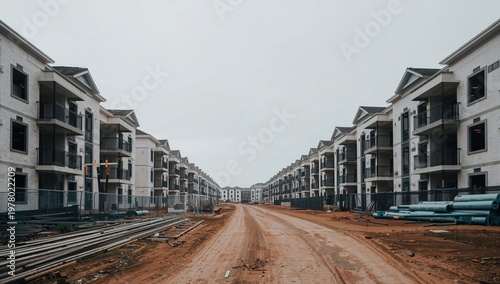 Residential housing development under construction with unfinished road and modern buildings highlighting urban expansion real estate growth and infrastructure development