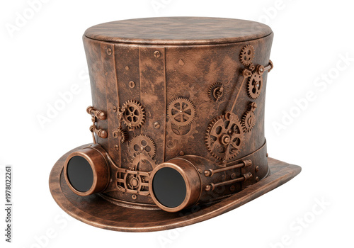 Steampunk top hat with goggles and intricate gears isolated white background