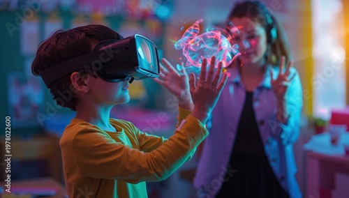 Classroom scene with children exploring virtual reality environment showcasing modern education tools innovation and interactive learning experiences