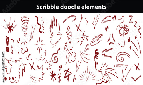 Scribble doodle elements for poster, social media. Handwritten love, mad, irritation, anger doodles. Rough emotional hand drawn ball pen sketch grunge illustrations. Chaotic freehand pencil drawings