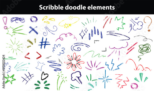 Scribble doodle elements for poster, social media. Handwritten love, mad, irritation, anger doodles. Rough emotional hand drawn ball pen sketch grunge illustrations. Chaotic freehand pencil drawings