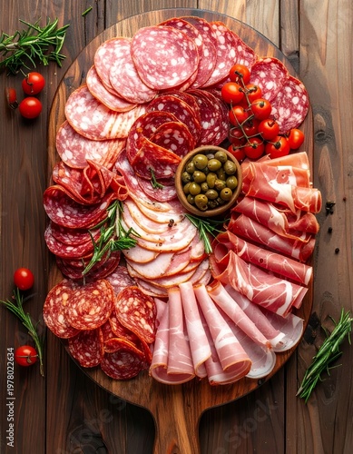 Gourmet Charcuterie Board with Assorted Cured Meats, Olives, and Cherry Tomatoes on a Wooden Platter.
