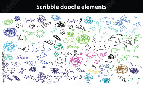 Scribble doodle elements for poster, social media. Handwritten love, mad, irritation, anger doodles. Rough emotional hand drawn ball pen sketch grunge illustrations. Chaotic freehand pencil drawings