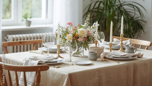 Beautifully arranged dining table with fresh flowers and candles in natural light interior representing home styling and elegant living environment