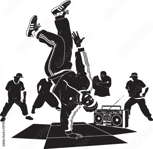 Breakdancing silhouette performance with boombox and crew, Generative Ai