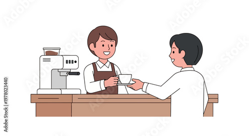 Barista handing a cup of coffee to customer at cafe counter illustration in cartoon style; light skin tones and minimalist design