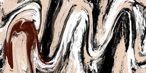 Earthy brown and black fluid marble design with thick paint-like swirls. This organic abstract vector background offers a tactile hand-rendered look for artisan branding.